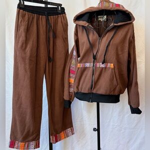 341 - Rhea Brown Hooded Jacket and Pants with Patterned Accents